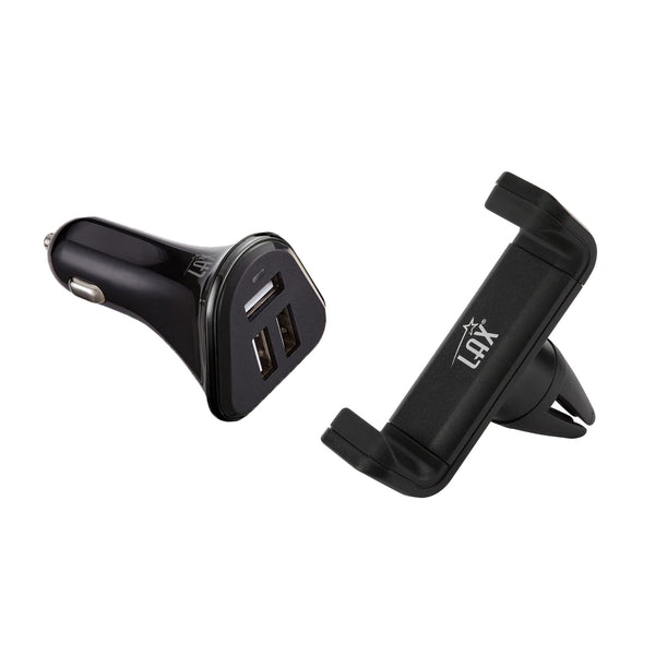 LAX Aluminum Air Vent Car Mount with 3 Port Car Charger Black