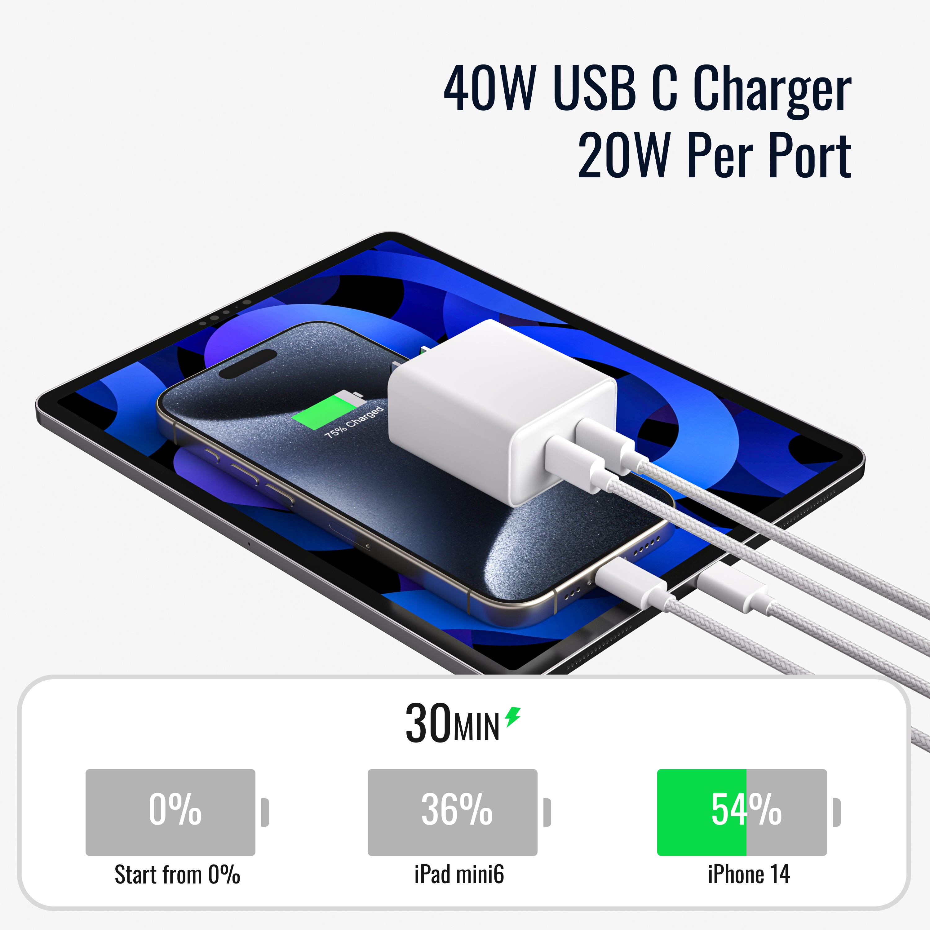 LAX 40 Dual Port with 6ft and 10ft White USB-C to USB-C Cables