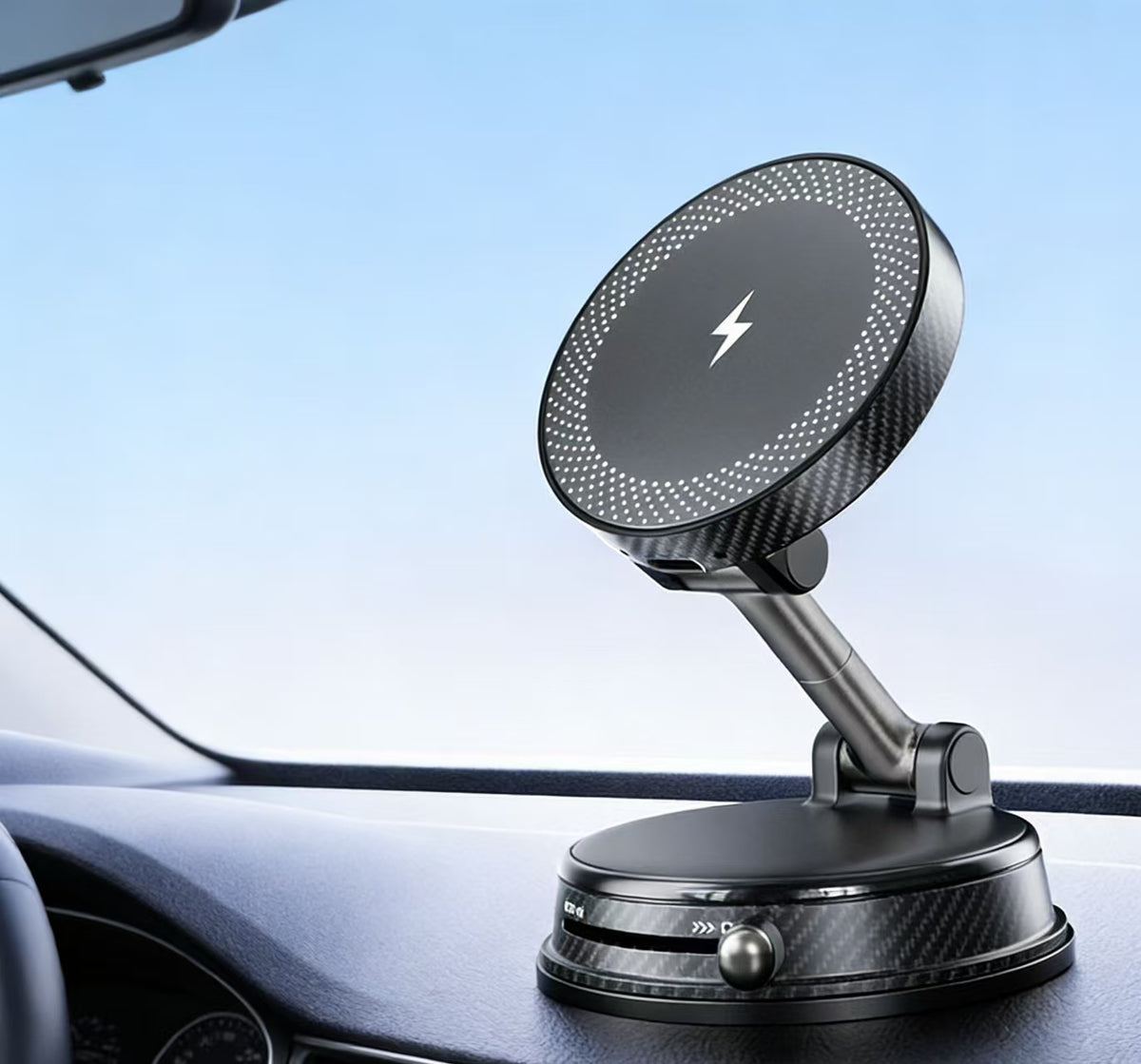 LAX 15W Wireless Charger Car Mount, MagSafe Compatible Magnetic Phone Holder with Vacuum Lock Suction, 360° Rotation, Adjustable Dashboard, Windshield & Desk Stand