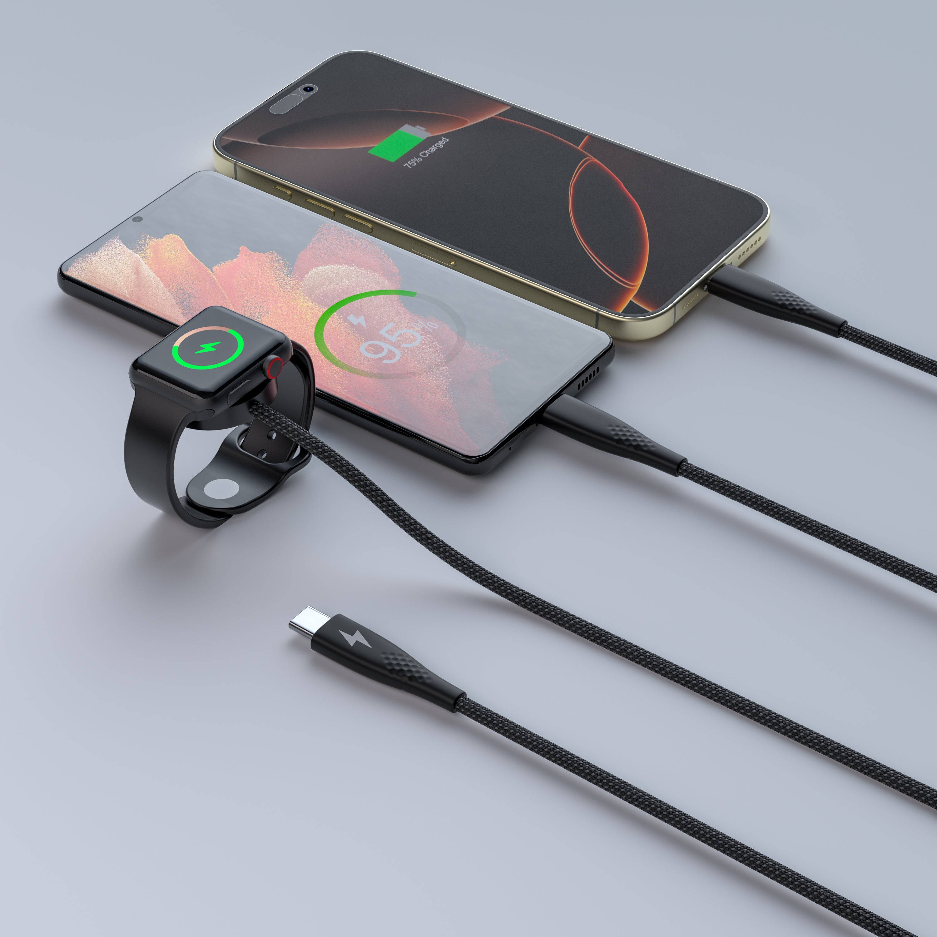 3-in-1 USB-C to USB-C, Iphone & Watch Charging Cable – 6ft (Nylon Braided)