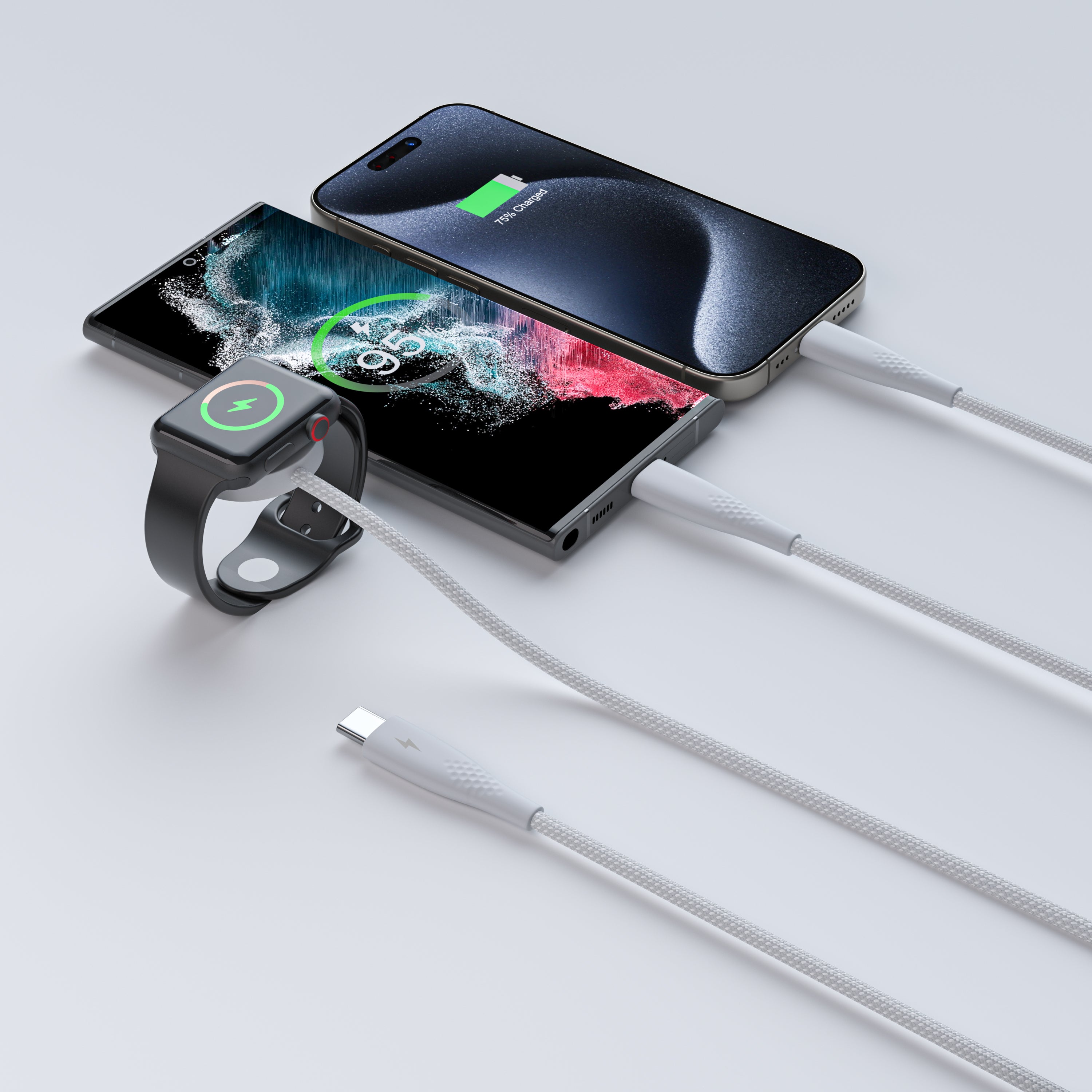 3-in-1 USB-C to USB-C, Iphone & Watch Charging Cable – 6ft (Nylon Braided)