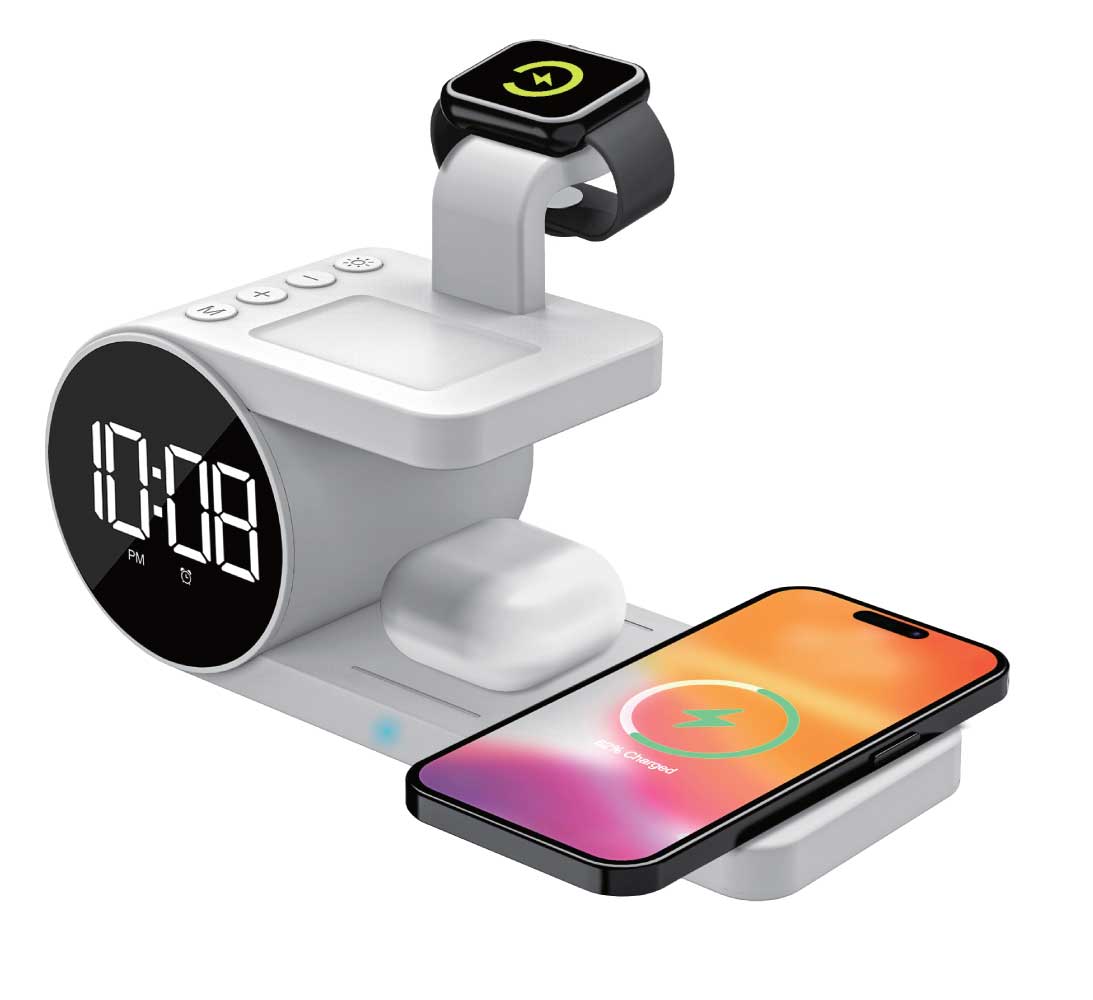 LAX 6-in-1 Wireless Rapid Charger Clock-Instant Charge Your iPhone, AirPods, and Apple Watch with Alarm, Night Light, and Clock Functions