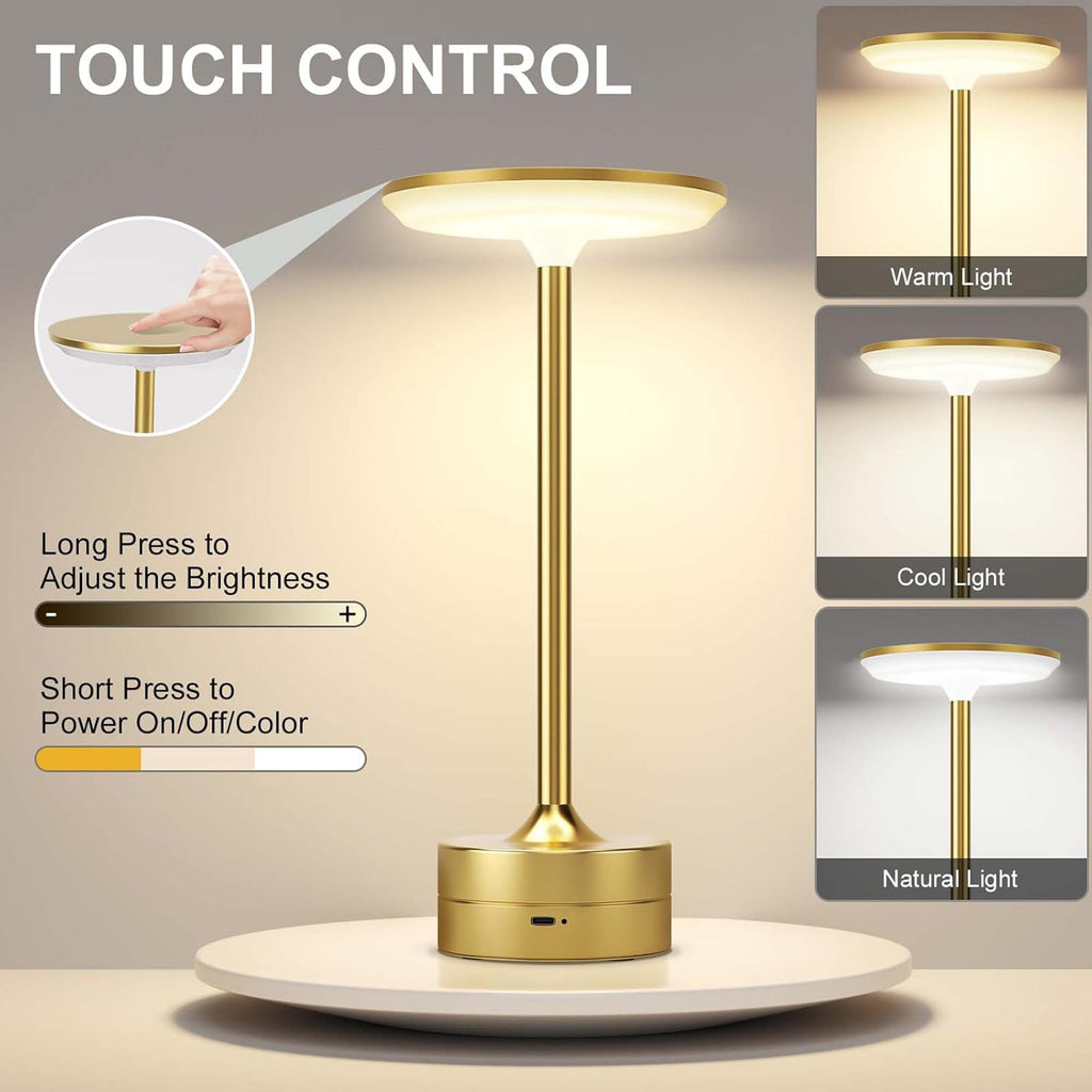Modern Dimmable Touch LED Table Lamp – 3 Light Modes, USB-C Rechargeable, 2000mAh Battery – Warm/Cool/Mixed White – Sleek Aluminum Design for Bedroom, Office & More