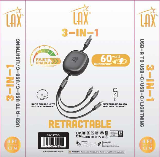 3-in-1 Retractable USB Cable – USB-C & Iphone