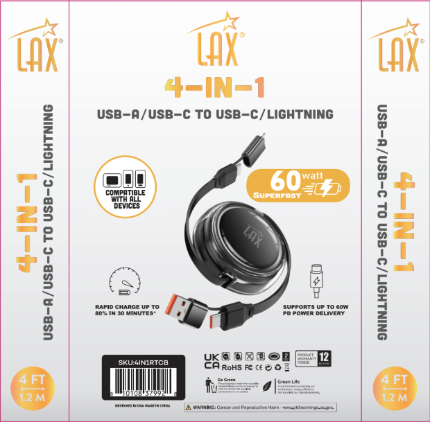 4-in-1 Retractable USB Cable – Black & Cream