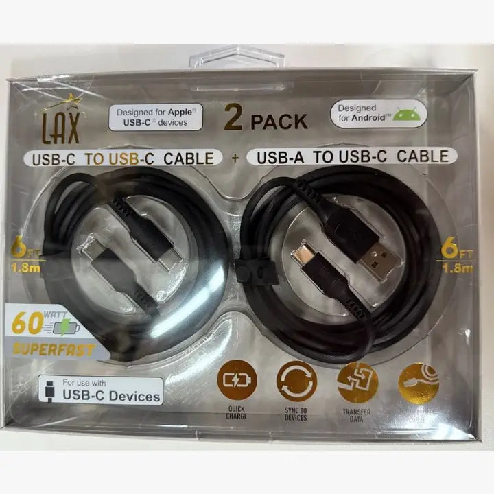 LAX - 2-Pack USB-C + USB-A to USB-C Cables – 6ft