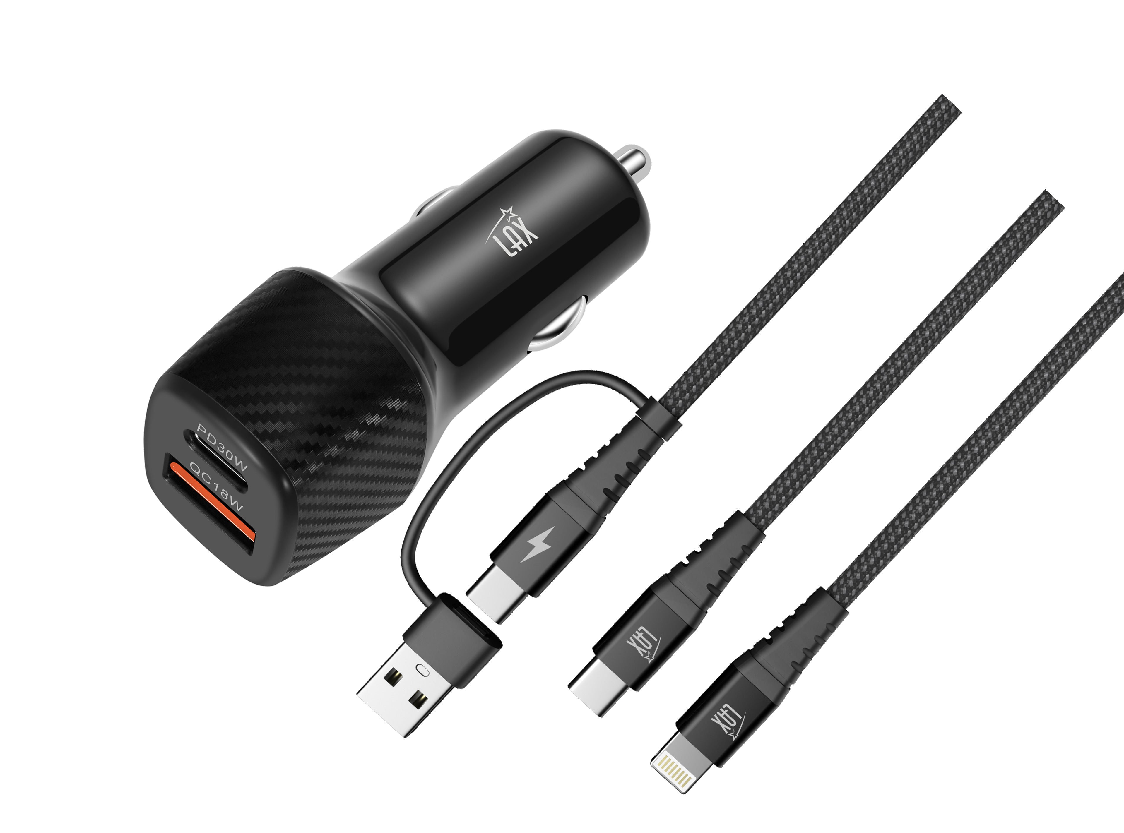 LAX 30W Car Charger + 4-in-1 Braided Cable A/C to C+L - Black