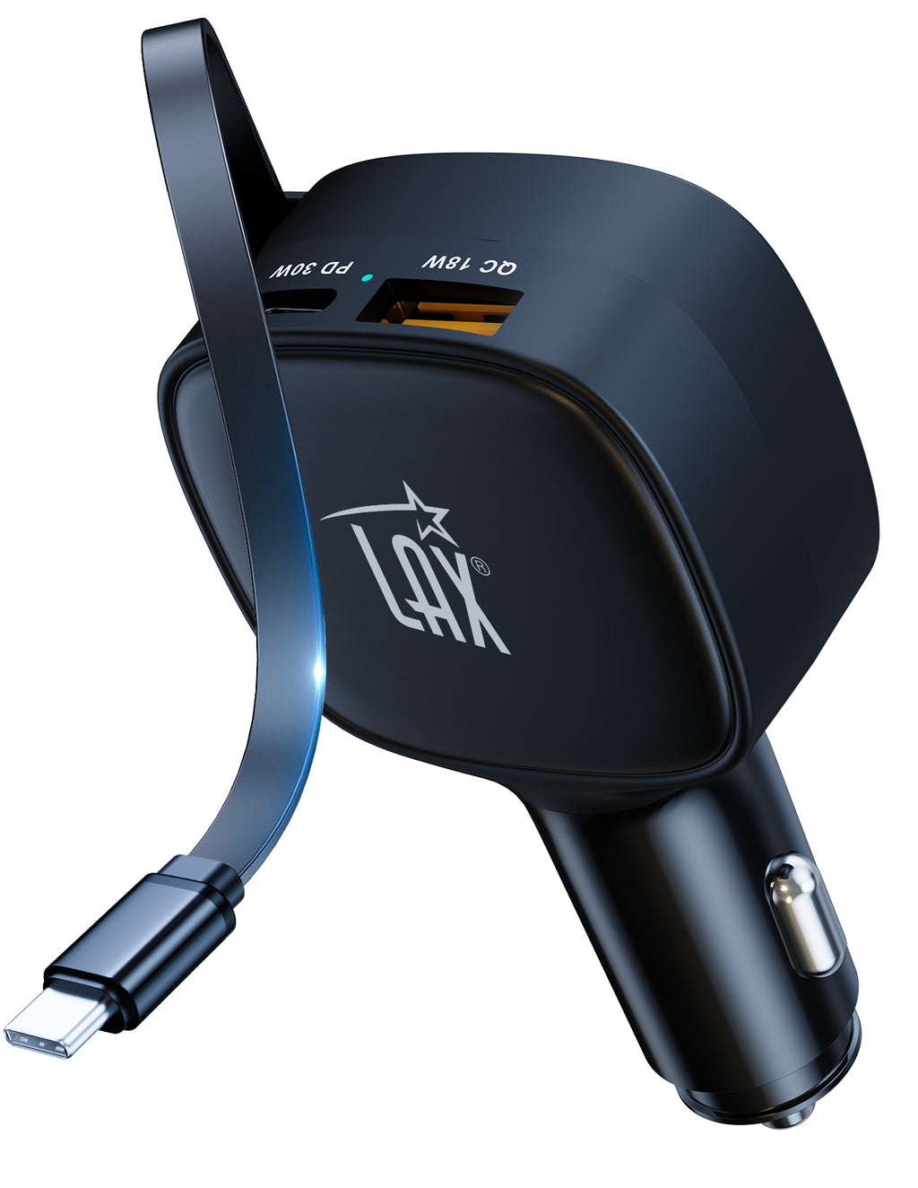 USB 84W 3-Port Car Charger with built-in retractable USB-C cable (33W+33W+18W)