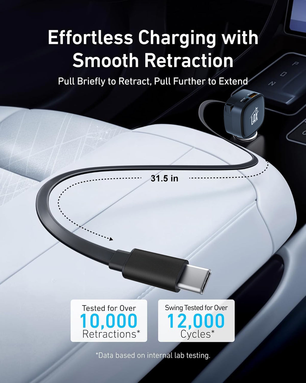 USB 84W 3-Port Car Charger with built-in retractable USB-C cable (33W+33W+18W)