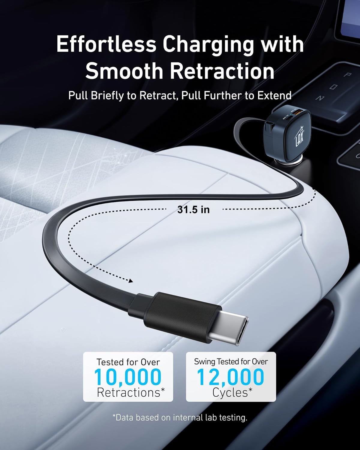 USB 84W 3-Port Car Charger with built-in retractable USB-C cable (33W+33W+18W)