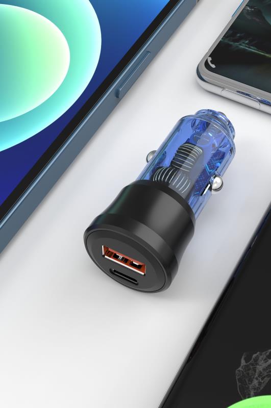 Clear 20W Car Charger with 1x USB-C and 1x USB-A