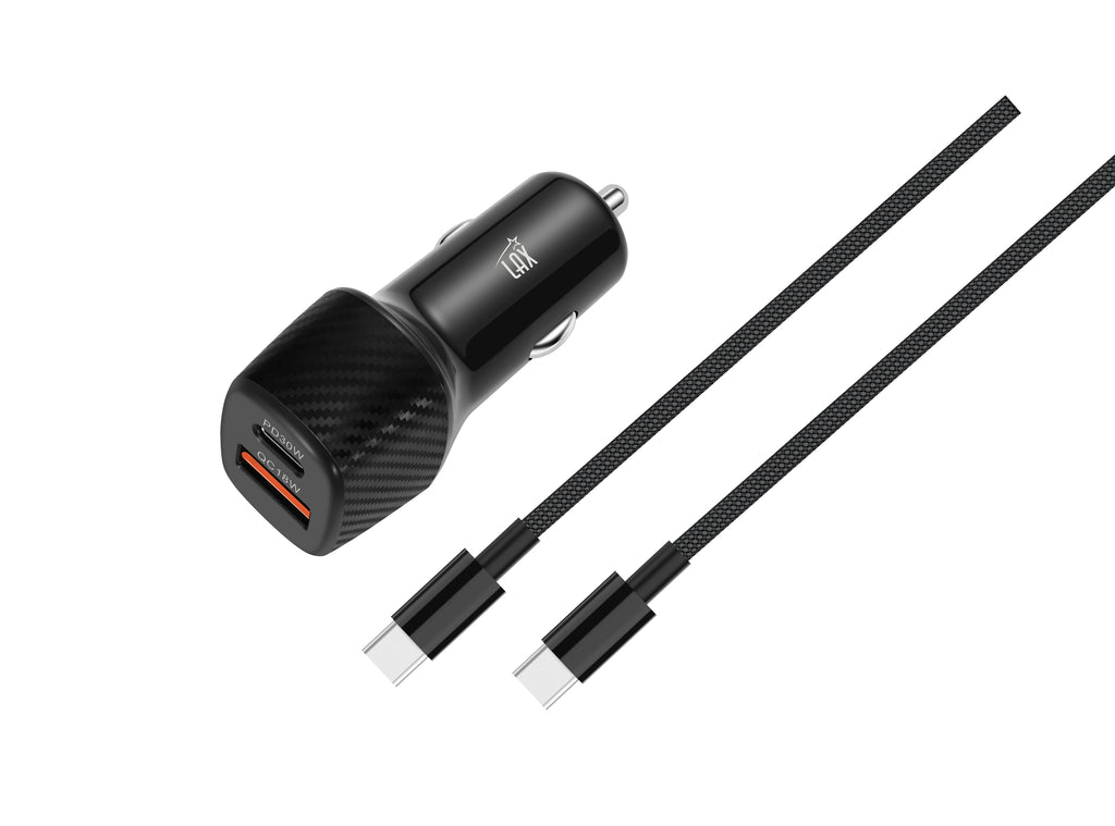 USB-C to USB-C Cable with 30W Car Charger - Black