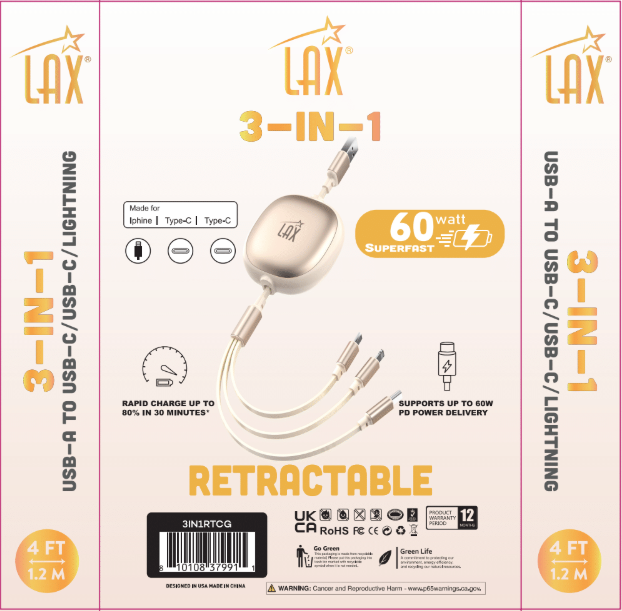 3-in-1 Retractable USB Cable – USB-C & Iphone