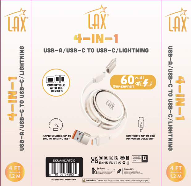 4-in-1 Retractable USB Cable – Black & Cream