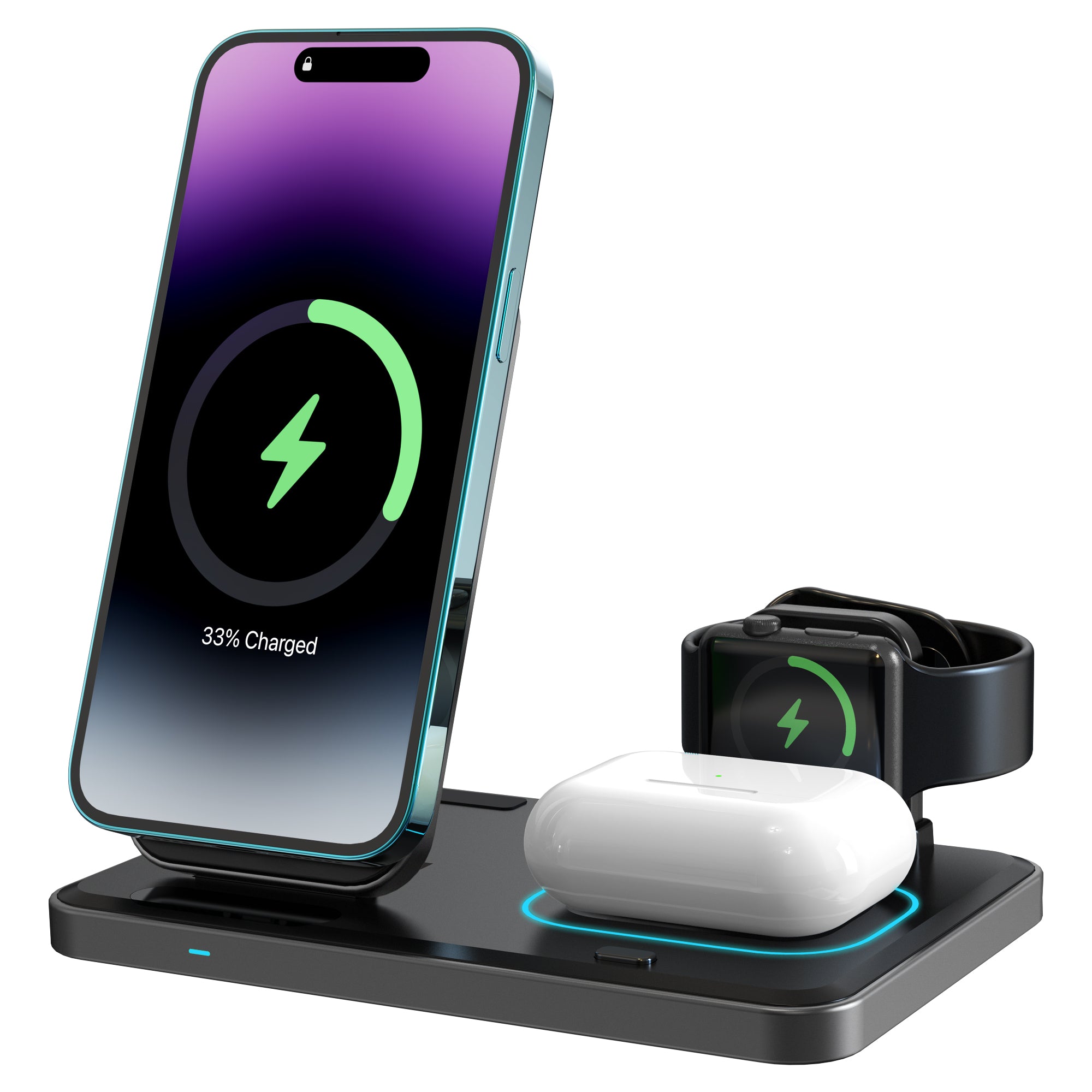 LAX Flat Folding 3-in-1 Wireless Charger with Pop Out Watch Charging Stand for iPhone, Android & Airpods