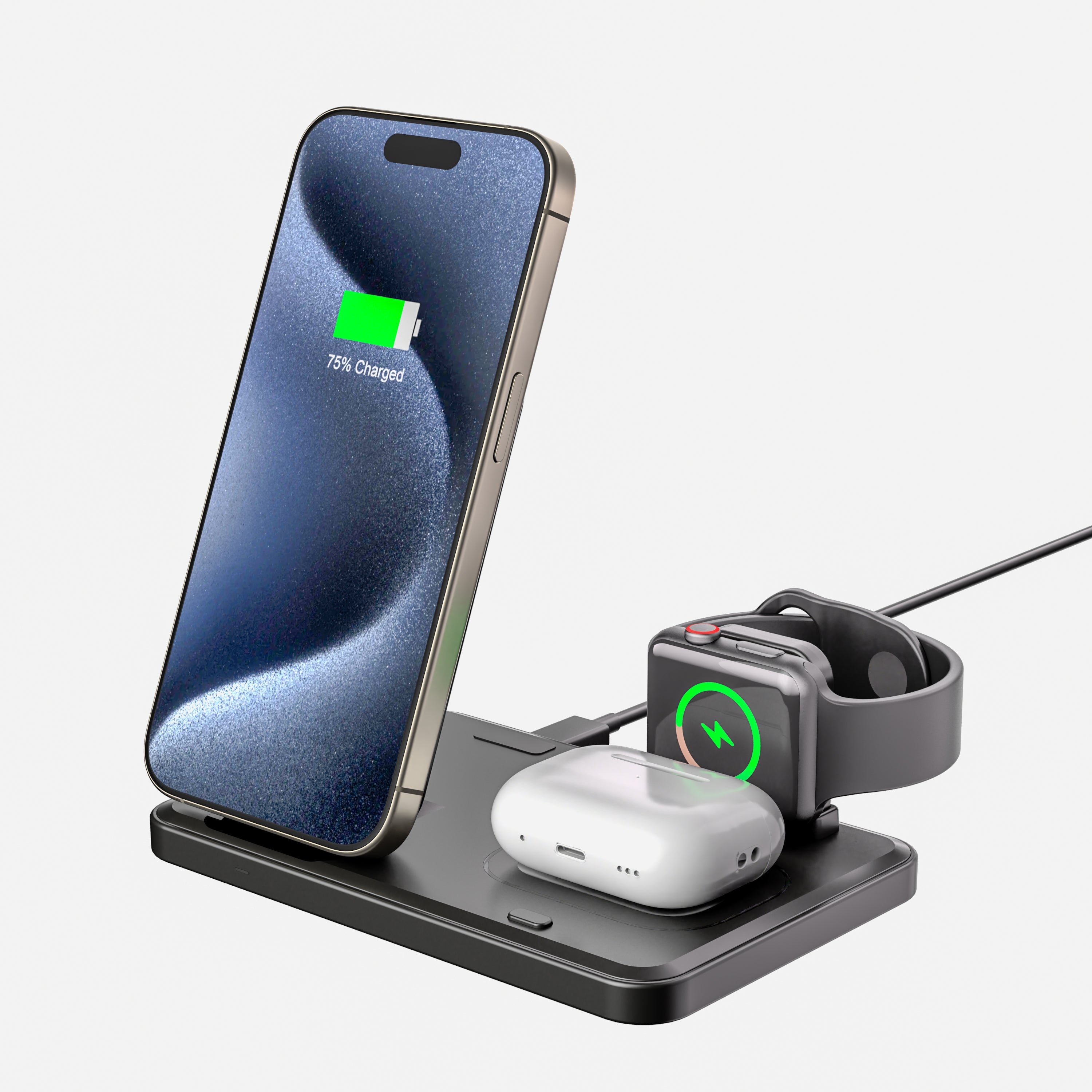 LAX Flat Folding 3-in-1 Wireless Charger with Pop Out Watch Charging Stand for iPhone, Android & Airpods
