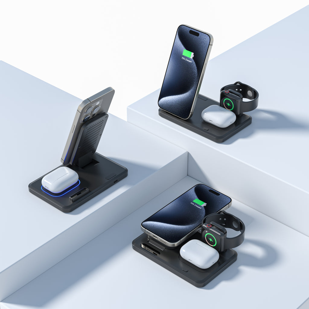 LAX Flat Folding 3-in-1 Wireless Charger with Pop Out Watch Charging Stand for iPhone, Android & Airpods