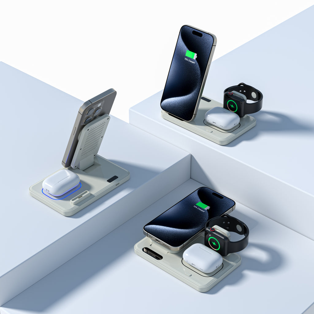 LAX Flat Folding 3-in-1 Wireless Charger with Pop Out Watch Charging Stand for iPhone, Android & Airpods