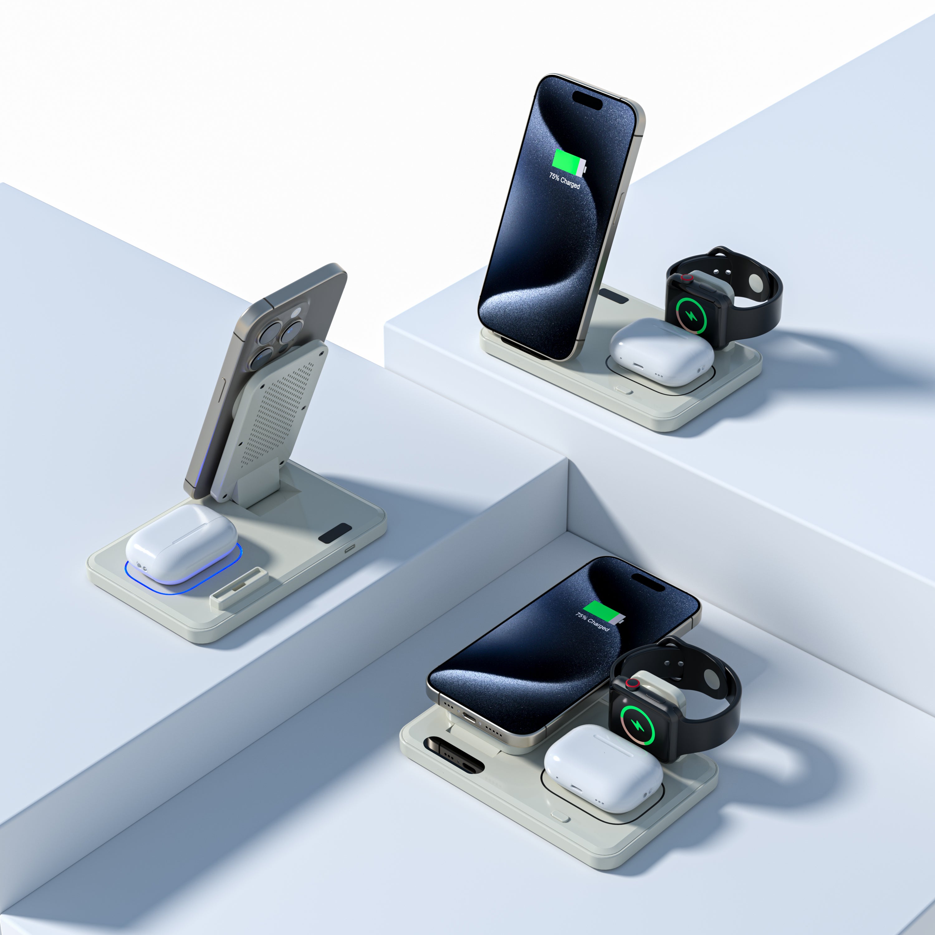 LAX Flat Folding 3-in-1 Wireless Charger with Pop Out Watch Charging Stand for iPhone, Android & Airpods