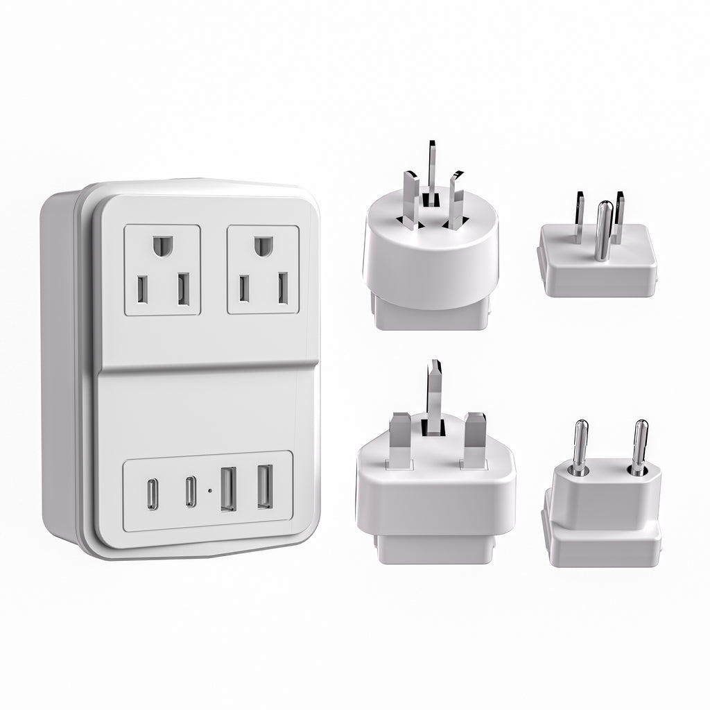 LAX 20W Travel Adapter Surge Protector with 2 Outlets + 2 USB-A + 2 USB-C