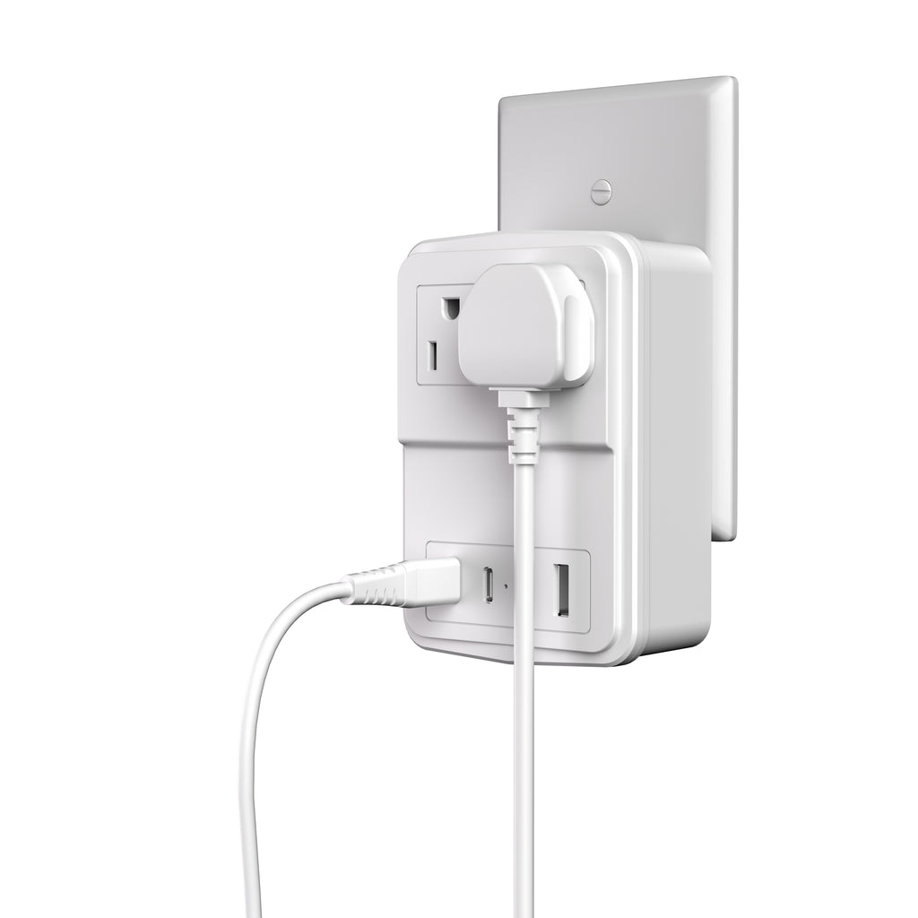 LAX 20W Travel Adapter Surge Protector with 2 Outlets + 2 USB-A + 2 USB-C