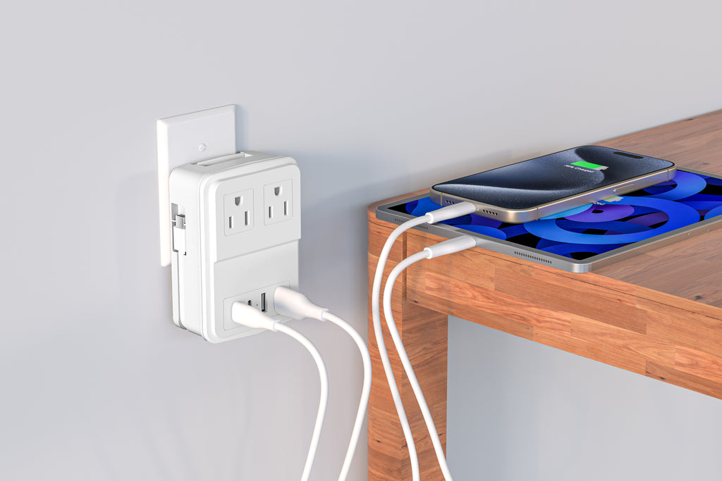 LAX 20W Travel Adapter Surge Protector with 2 Outlets + 2 USB-A + 2 USB-C