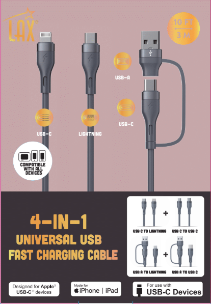 10ft 4-in-1 USB-C/Iphone Charging Cable