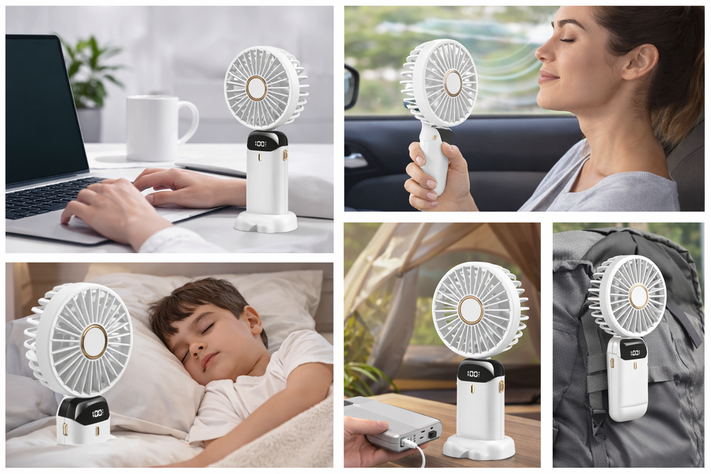 Portable Foldable Handheld Fan with Phone Stand & LED Display – 2-Pack White