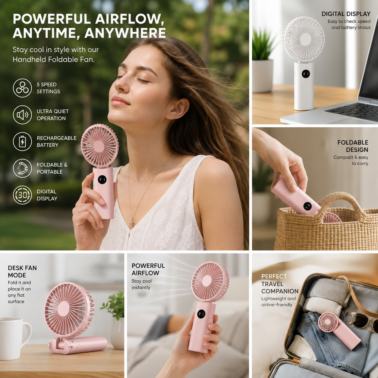 Rechargeable Portable Foldable Fans | Handheld Fans | Travel-Friendly