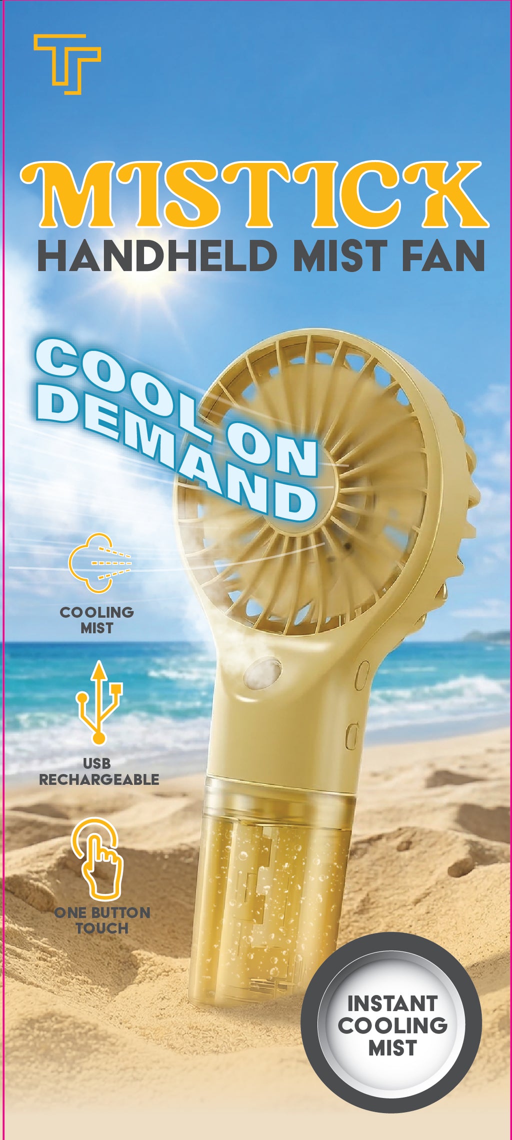 Handheld Mist Fan, Portable USB Rechargeable Personal Cooling Fan with Water Mist Spray, One-Button Operation, Lightweight Mini Fan for Beach, Travel, Camping, Outdoor & Office