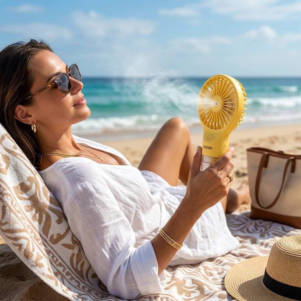 Handheld Mist Fan, Portable USB Rechargeable Personal Cooling Fan with Water Mist Spray, One-Button Operation, Lightweight Mini Fan for Beach, Travel, Camping, Outdoor & Office