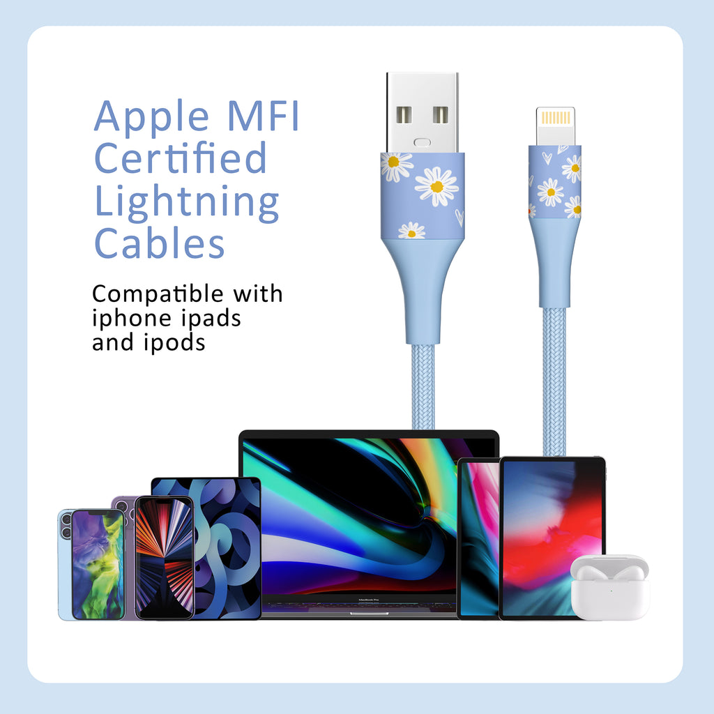 2-Pack Apple MFi Certified Braided Nylon USB to Iphone Cable 4 Feet Floral Bouquet