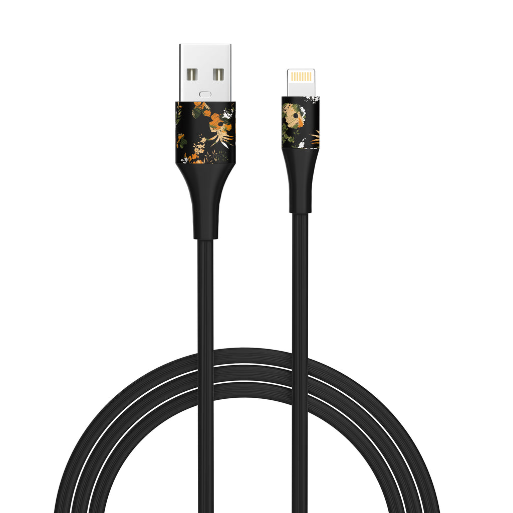 2-Pack Apple MFi Certified Braided Nylon USB to Iphone Cable - 4 Feet - Floral Marigold & Gold-Black Flowers