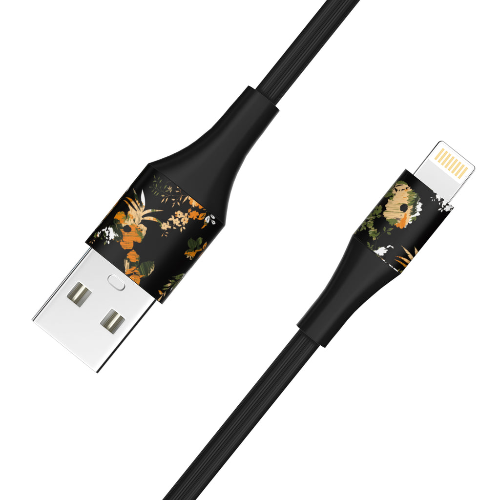 2-Pack Apple MFi Certified Braided Nylon USB to Iphone Cable - 4 Feet - Floral Marigold & Gold-Black Flowers