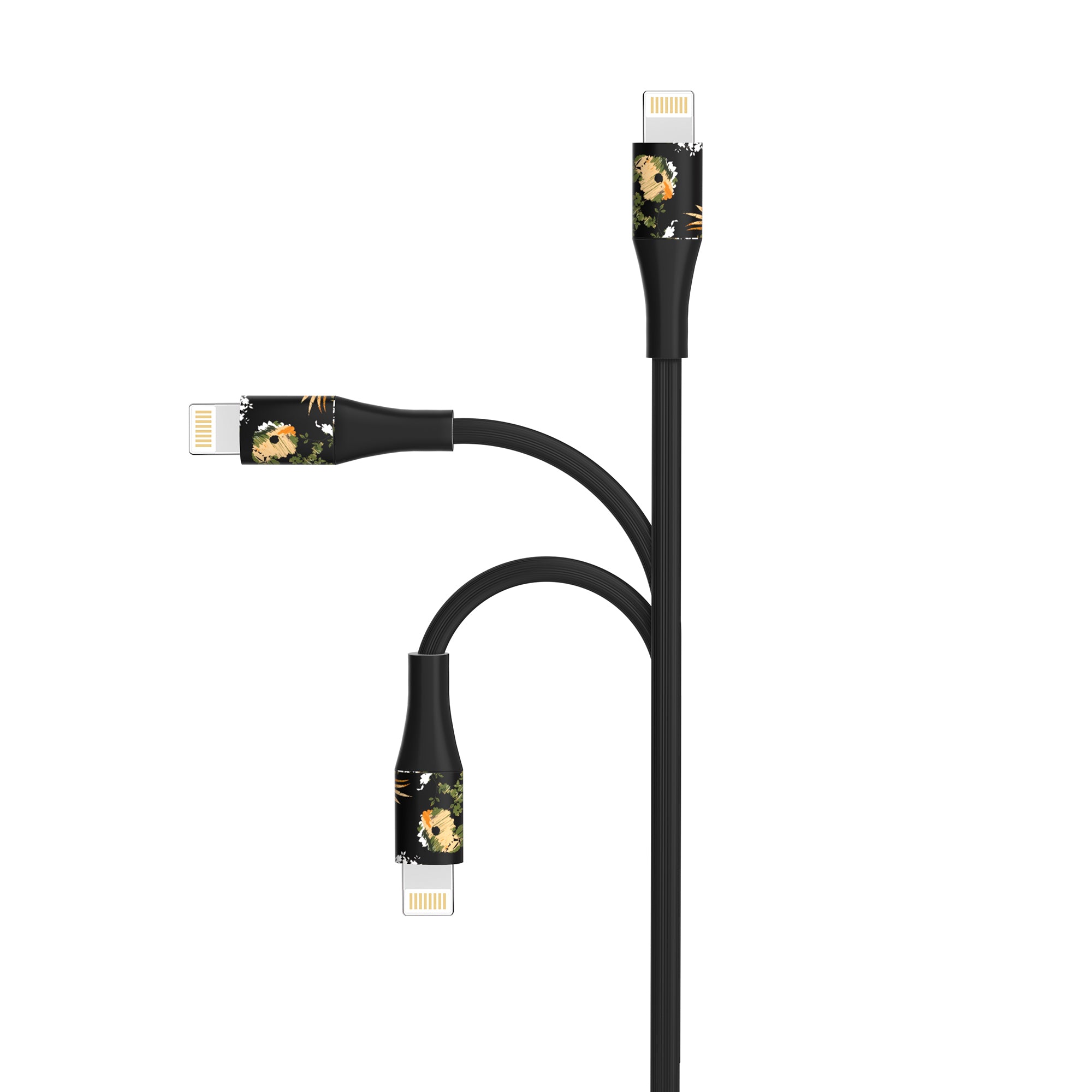 2-Pack Apple MFi Certified Braided Nylon USB to Iphone Cable - 4 Feet - Floral Marigold & Gold-Black Flowers
