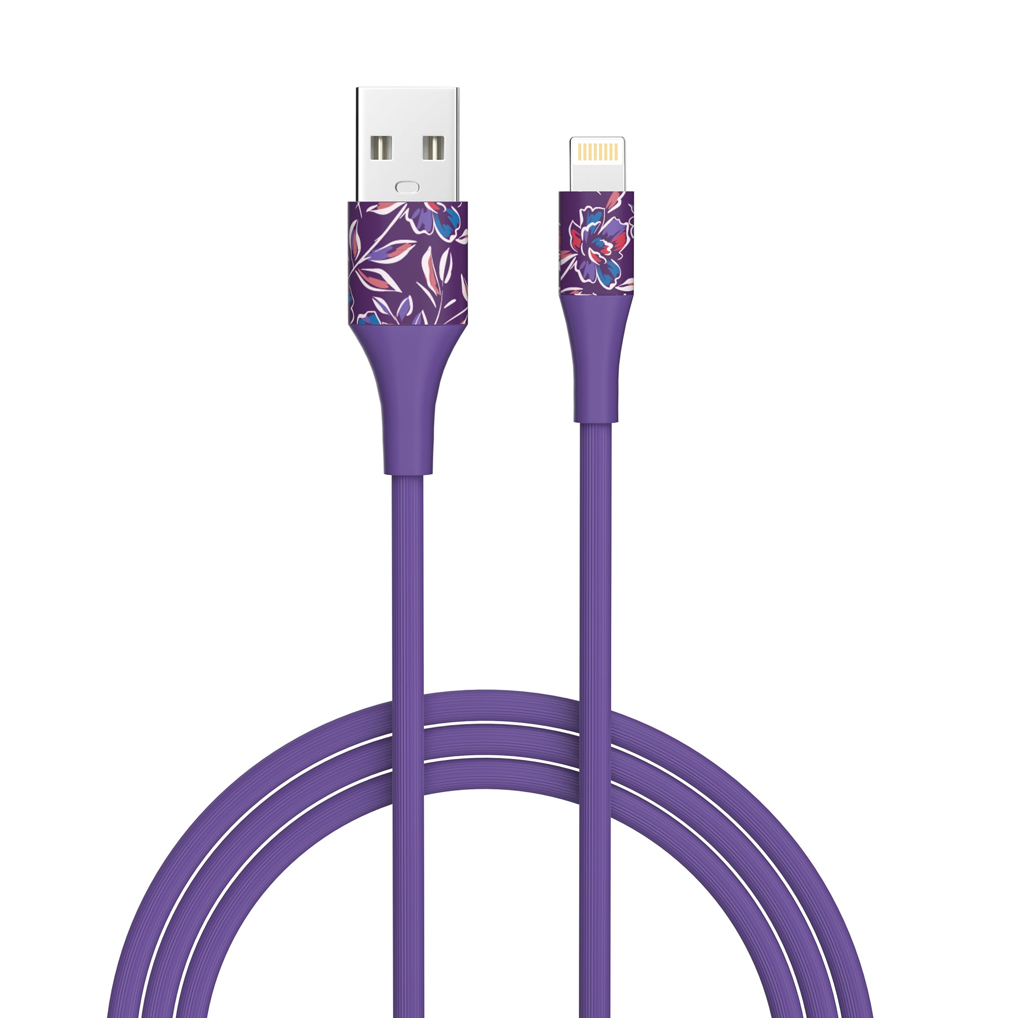 2-Pack Apple MFi Certified Braided Nylon USB to Iphone Cable - 4 Feet - Floral Purple Flowers