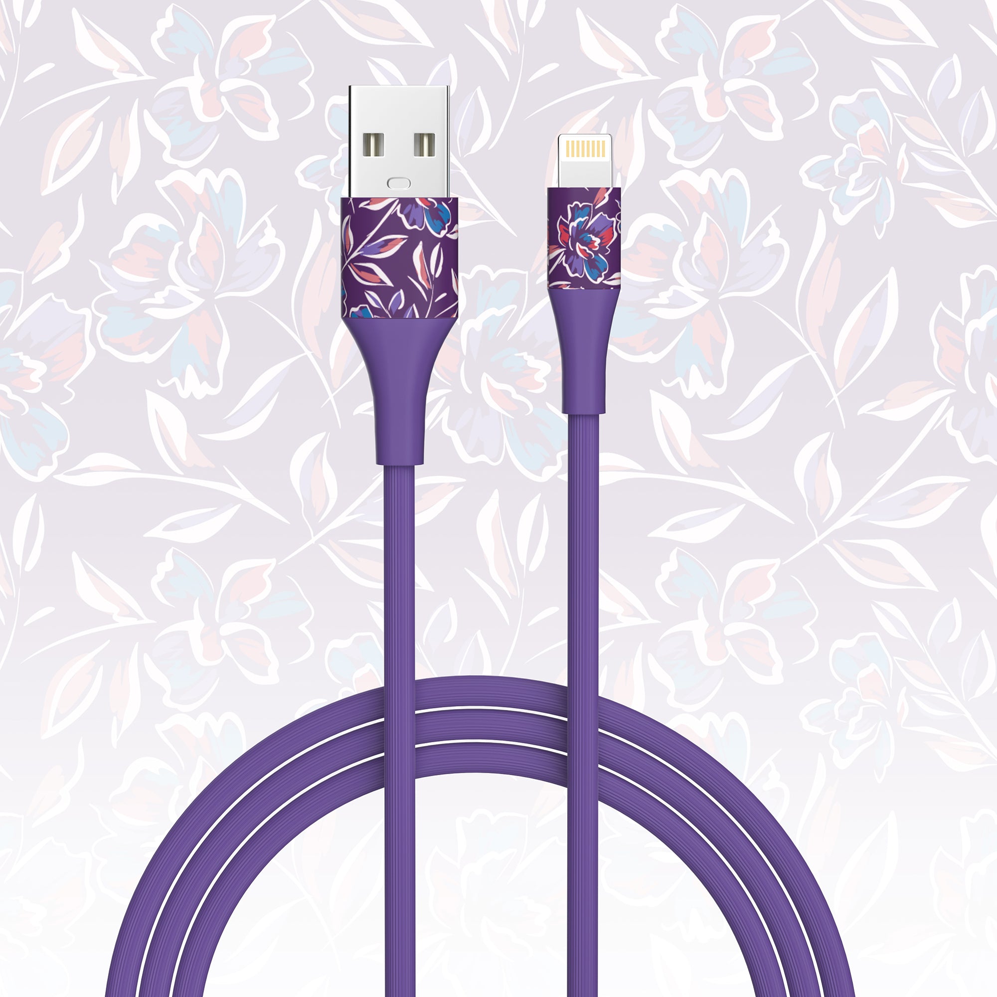 2-Pack Apple MFi Certified Braided Nylon USB to Iphone Cables - 4 Feet - Floral Bouquet & Purple Flowers