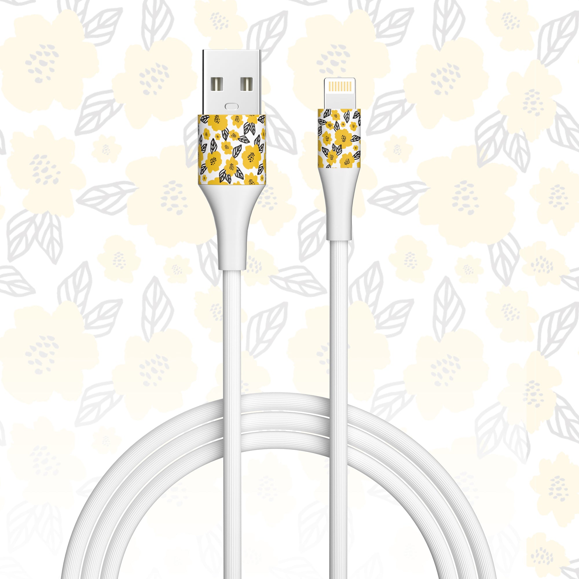 2-Pack Apple MFi Certified Braided Nylon USB to Iphone Cable - 4 Feet - Floral Marigold & Gold-Black Flowers