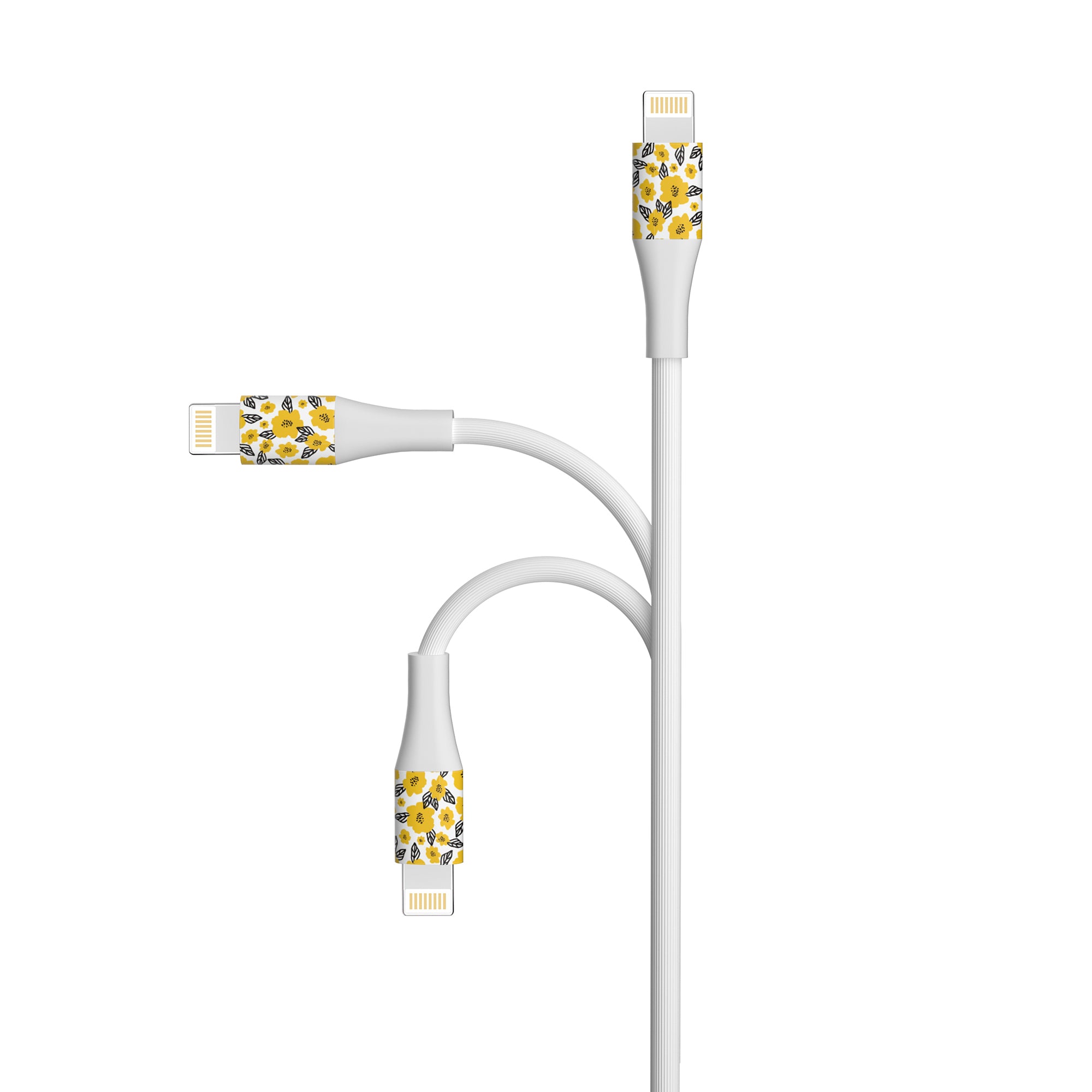 2-Pack Apple MFi Certified Braided Nylon USB to Iphone Cable - 4 Feet - Floral Marigold & Gold-Black Flowers