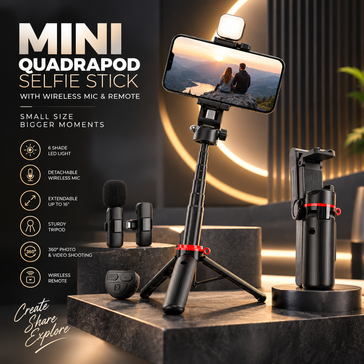 LAX Gadgets Mini Quadrapod Selfie Stick with 6-Shade LED Light, Wireless Mic & Remote, 16" Extendable Tripod