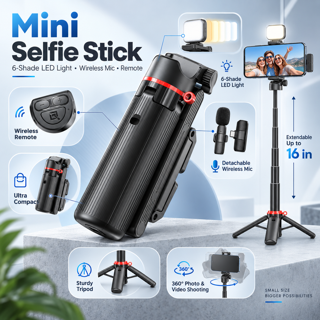 LAX Gadgets Mini Quadrapod Selfie Stick with 6-Shade LED Light, Wireless Mic & Remote, 16" Extendable Tripod