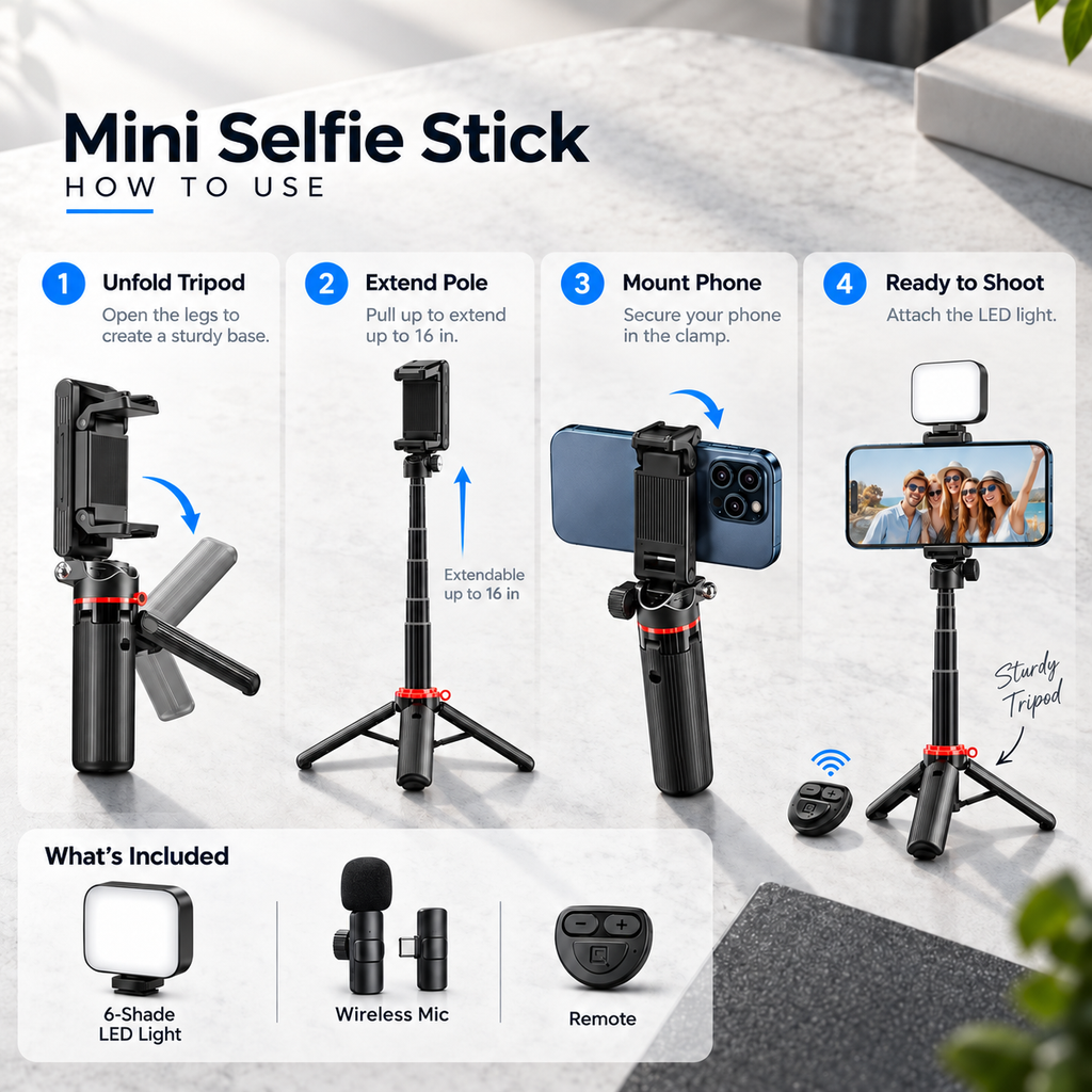 LAX Gadgets Mini Quadrapod Selfie Stick with 6-Shade LED Light, Wireless Mic & Remote, 16" Extendable Tripod
