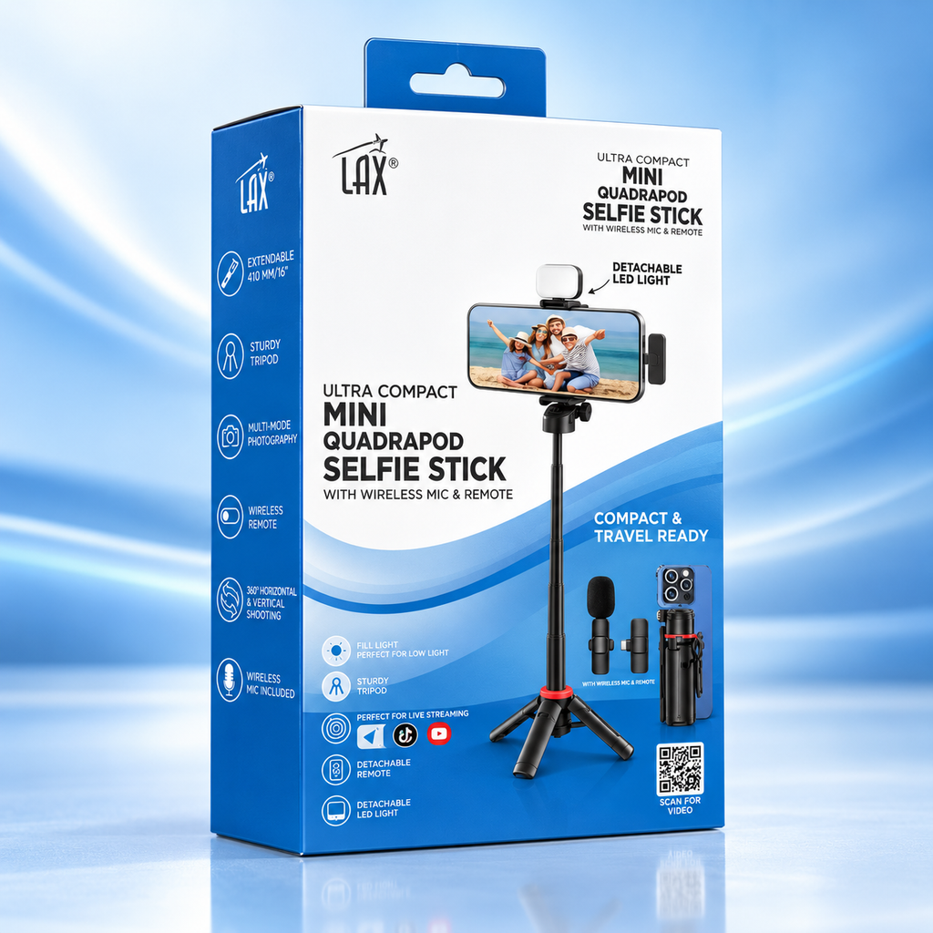 LAX Gadgets Mini Quadrapod Selfie Stick with 6-Shade LED Light, Wireless Mic & Remote, 16" Extendable Tripod