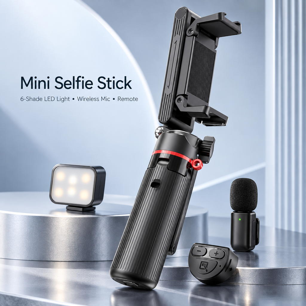 LAX Gadgets Mini Quadrapod Selfie Stick with 6-Shade LED Light, Wireless Mic & Remote, 16" Extendable Tripod