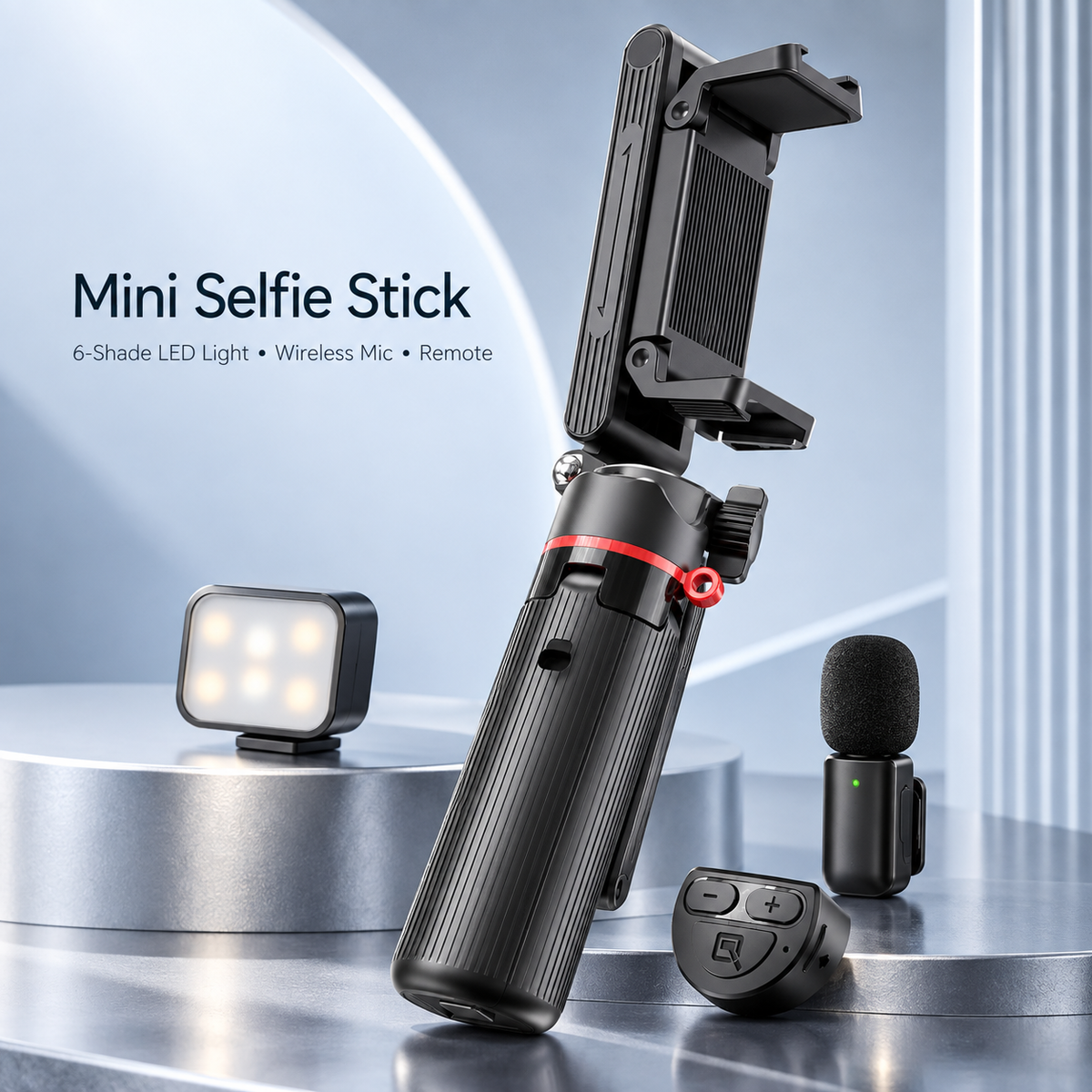 LAX Gadgets Mini Quadrapod Selfie Stick with 6-Shade LED Light, Wireless Mic & Remote, 16" Extendable Tripod