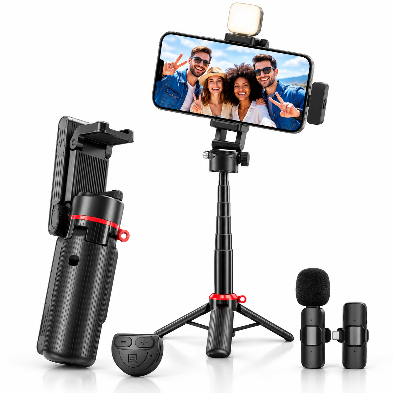 LAX Gadgets Mini Quadrapod Selfie Stick with 6-Shade LED Light, Wireless Mic & Remote, 16" Extendable Tripod