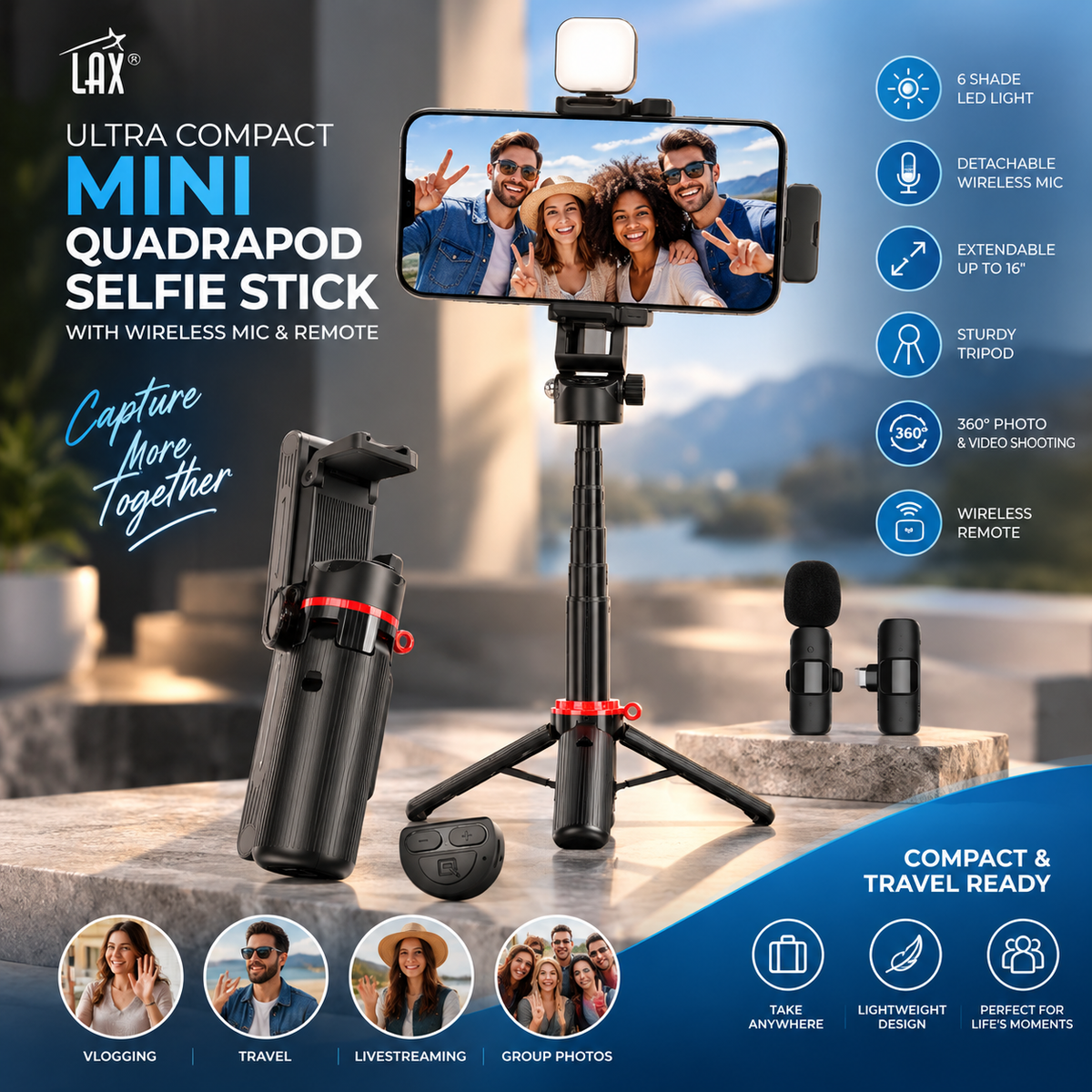 LAX Gadgets Mini Quadrapod Selfie Stick with 6-Shade LED Light, Wireless Mic & Remote, 16" Extendable Tripod