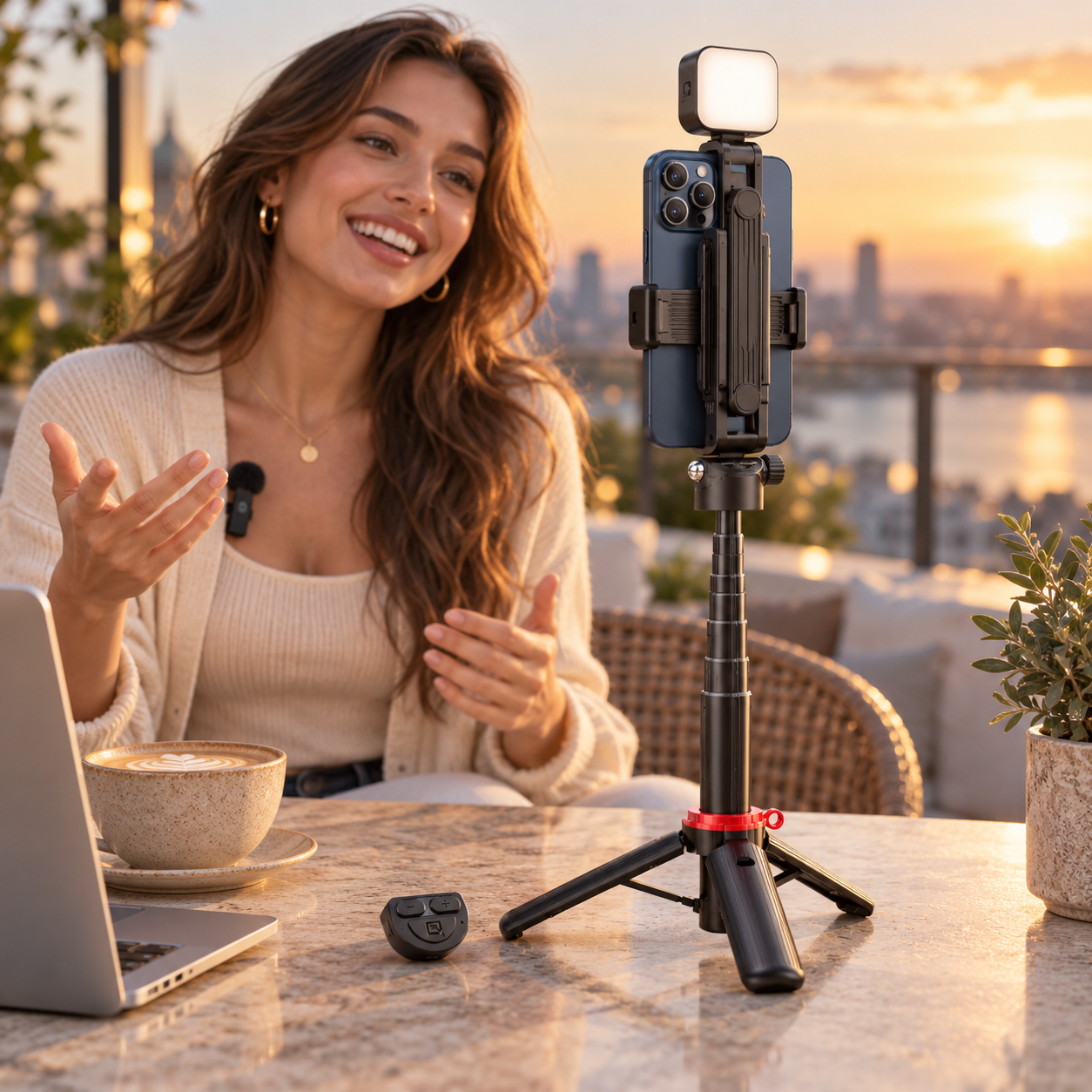 LAX Gadgets Mini Quadrapod Selfie Stick with 6-Shade LED Light, Wireless Mic & Remote, 16" Extendable Tripod