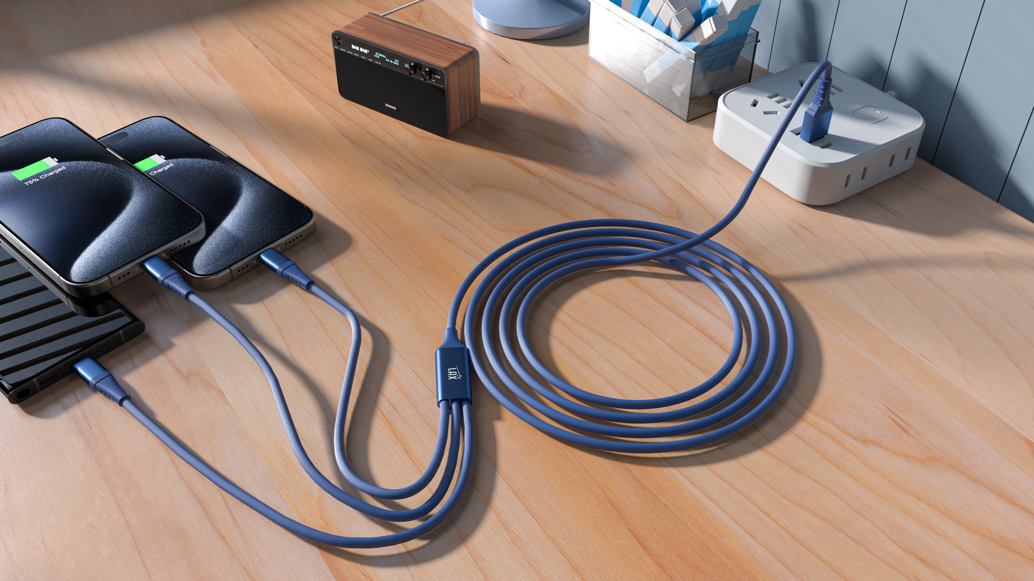 LAX 3-in-1 Apple Mfi Ceritifed Iphone and 2x USB-C Cable - 6ft - Dusty Blue