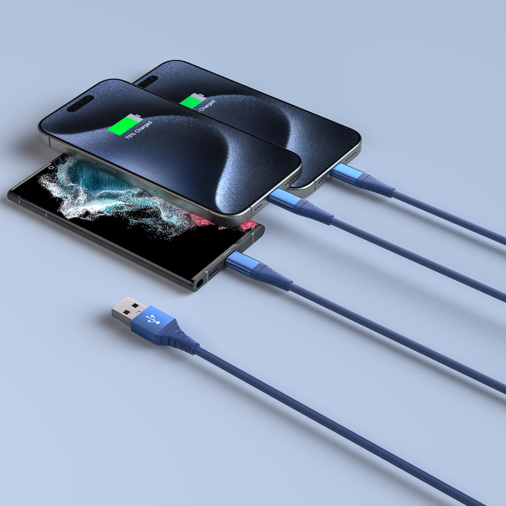 LAX 3-in-1 Apple Mfi Ceritifed Iphone and 2x USB-C Cable - 6ft - Dusty Blue